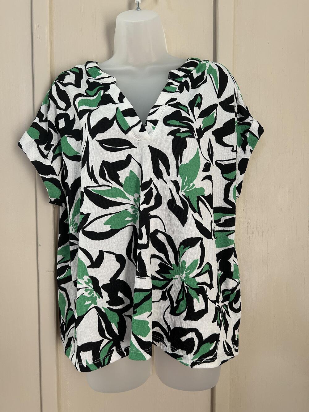 Fred David Blouse Womens Large Multicolor Floral V Neck Roll Tab Sleeve Knit Top
